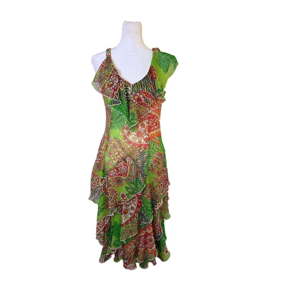 Signature by Robbie Bee Dress 10 Green Paisley Ruffle Midi Y2K Fairycore